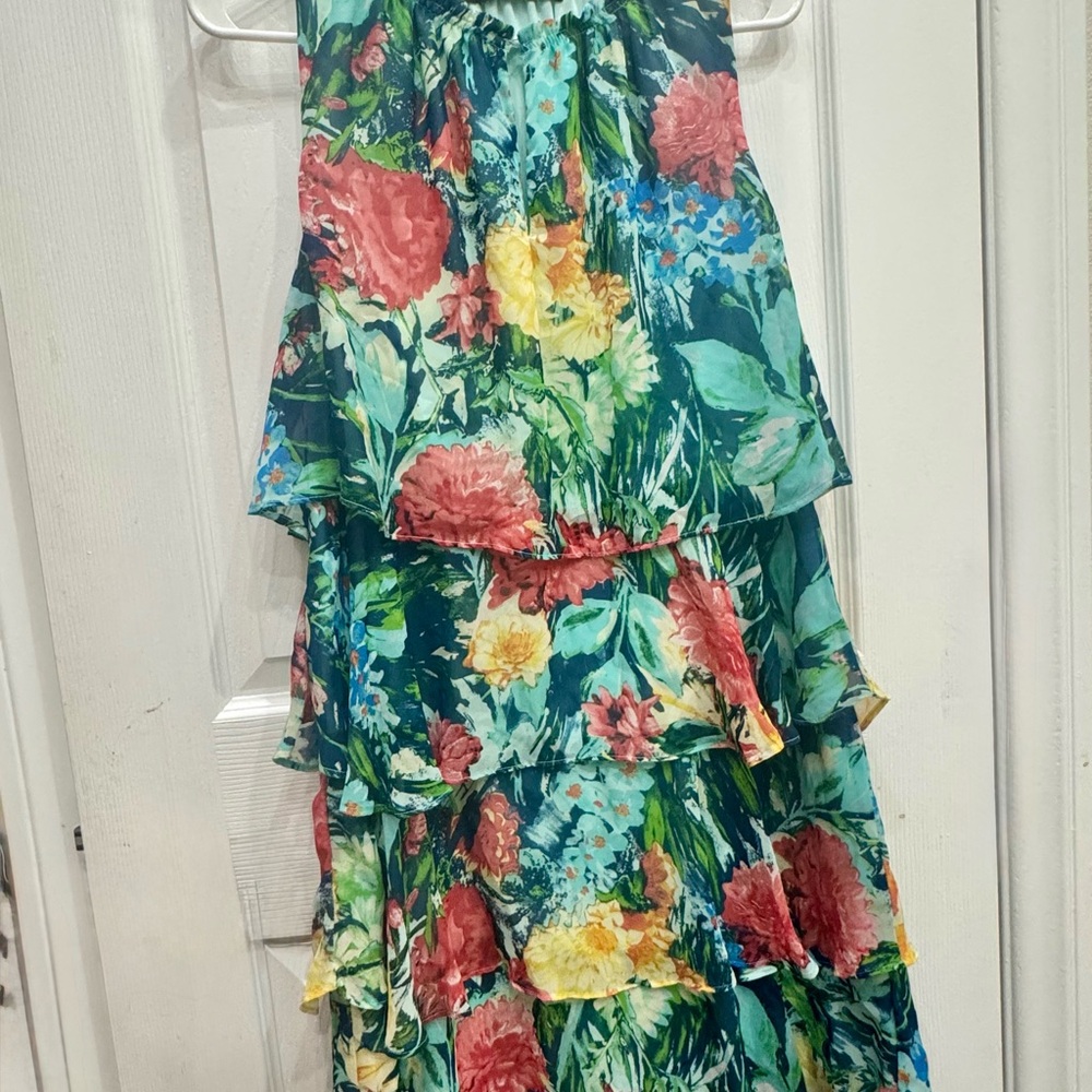Leslie Fay Ruffled Tiered Pink and Yellow Sundress